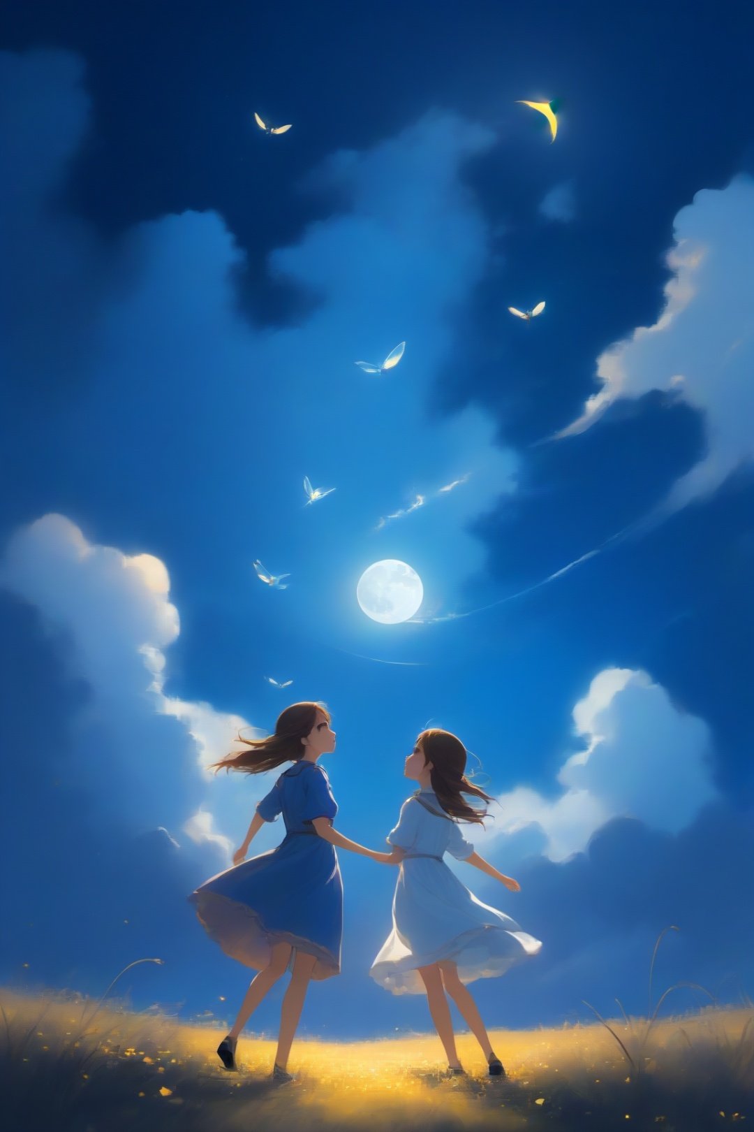 2_girls,with blue sky and white clouds,moonlight shines through the clouds and hits the ground ,many fireflys