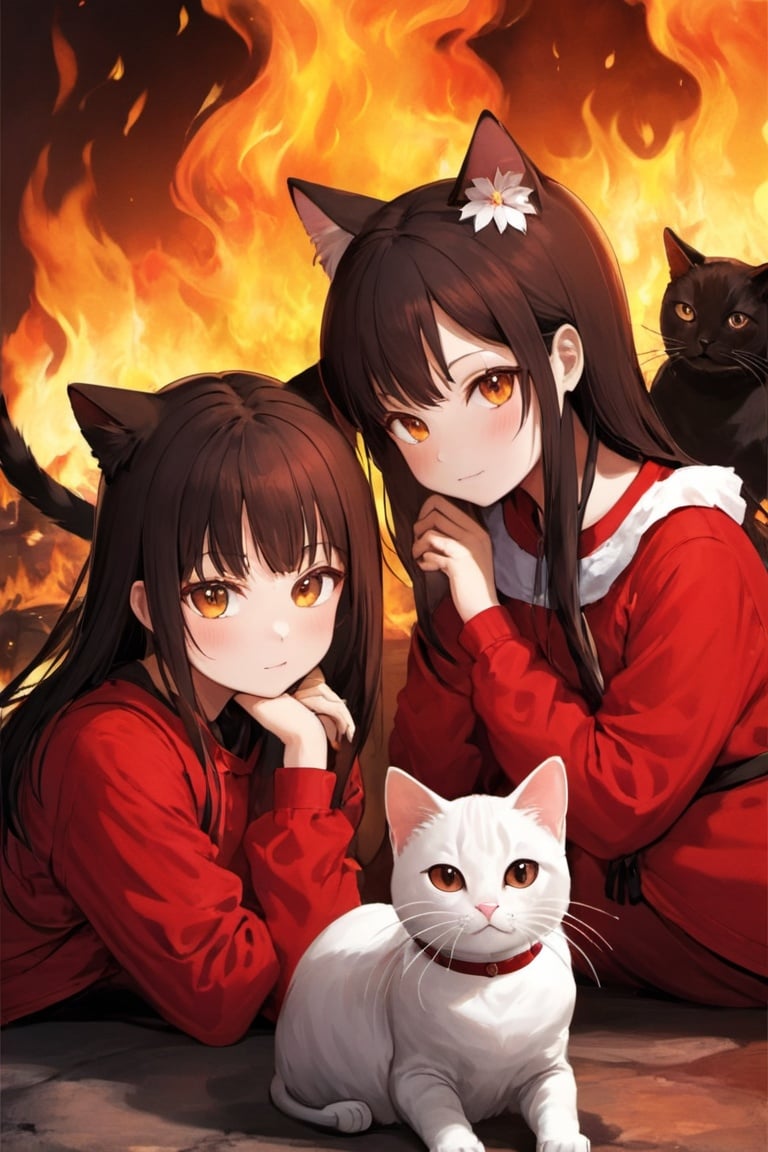 2_girls,cats,fire,