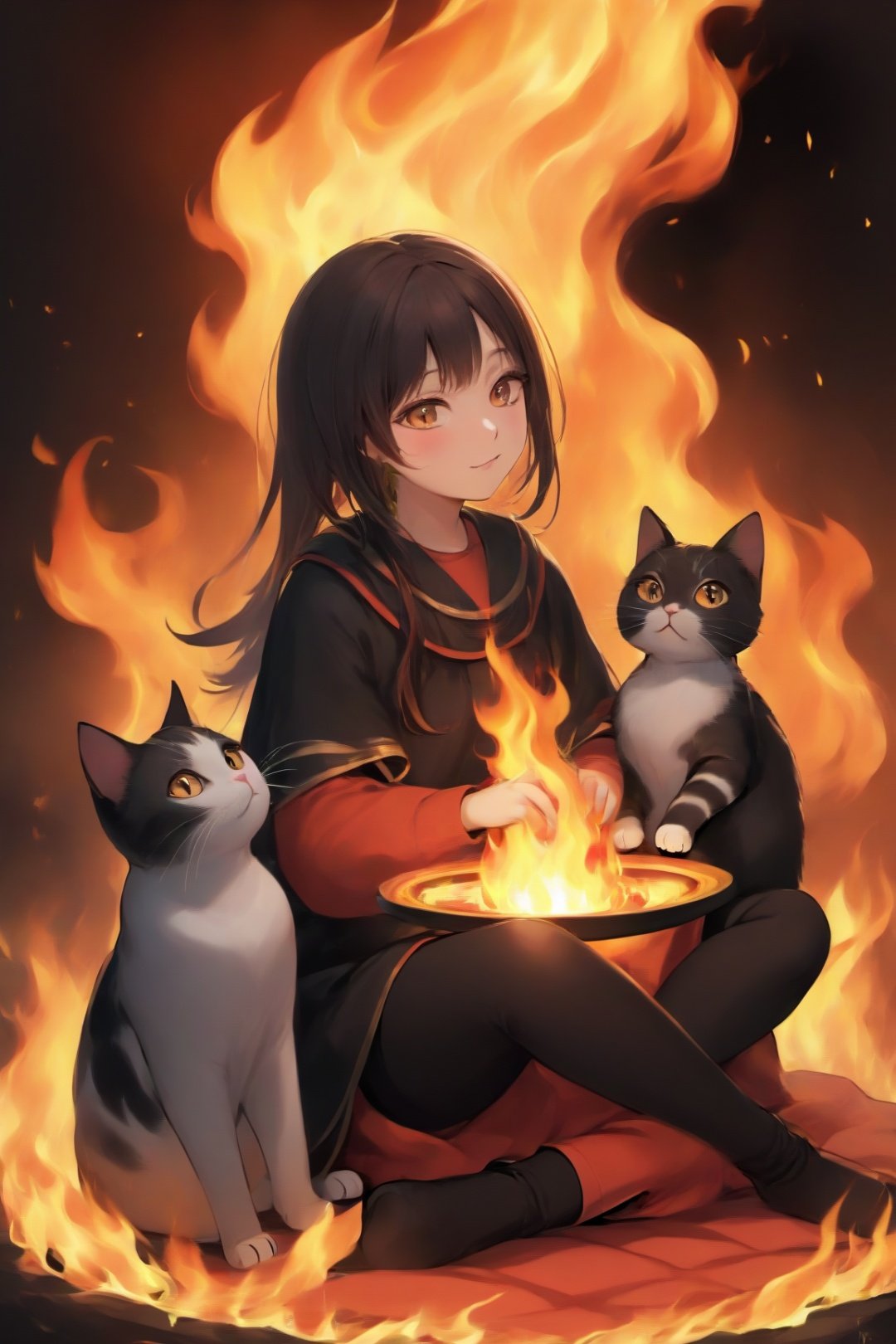 3 girl,cats,fire,