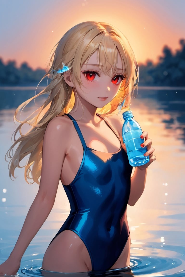 Beautiful girl in a swimsuit,Holding a bottle of water in his hand,Walk on the water,Blonde hair,red color eyes,Delicate makeup,fireflys,