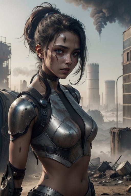 natural light 8k best quality realistic detailed beautiful girl, warrior, sexy, tired appearance after a hard battle in a destroyed world retro futuristic strange machines humanoids pollution pollution