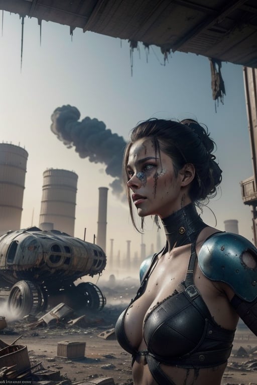 natural light 8k best quality realistic detailed beautiful girl, warrior, sexy, tired appearance after a hard battle in a destroyed world retro futuristic strange machines humanoids pollution pollution