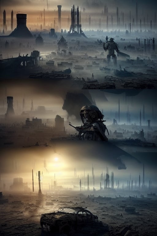 natural light 8k best quality realistic detailed beautiful girl, warrior, sexy, tired appearance after a hard battle in a destroyed world retro futuristic strange machines humanoids pollution pollution