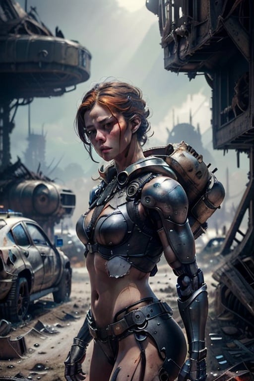 8k natural light, best quality, realistic, detailed, beautiful girl and handsome warriors, sexy tired look after hard battle in destroyed world, retro futuristic strange machines, humanoid contamination,RedHoodWaifu