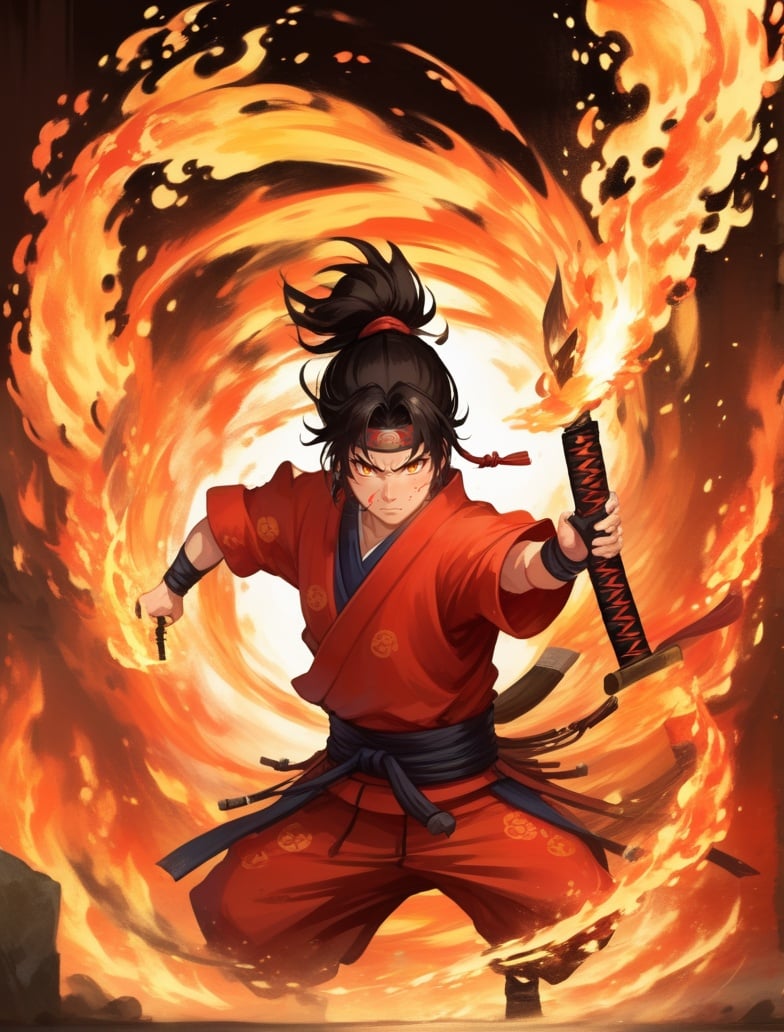 1boy, black hair, casting spell, dual wielding, fire, holding, holding sword, holding weapon, japanese clothes, katana, male focus, ponytail, sheath, sword, weapon <lora:sdxl_casting_spell-000003:0.65>