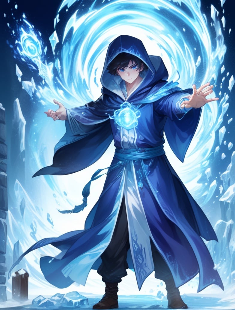 1boy, casting spell, full body, hood, ice, male focus, robe, solo, standing, wide sleeves <lora:sdxl_casting_spell-000003:0.65>