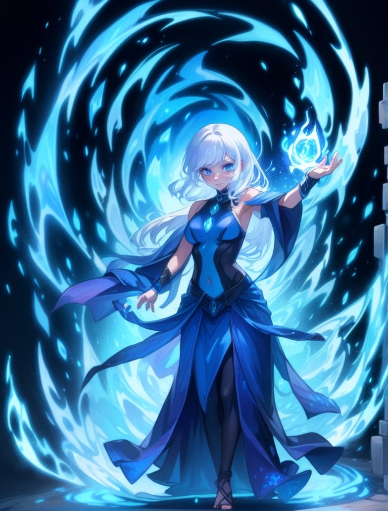 1girl, black background, blue eyes, blue skin, blue theme, breasts, casting spell, colored skin, dress, glowing, long hair, looking at viewer, medium breasts, simple background, solo, white hair <lora:sdxl_casting_spell-000003:0.65>