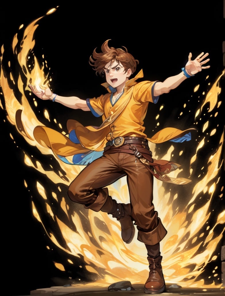 1boy, belt, black background, boots, brown hair, brown pants, casting spell, full body, male focus, outstretched arms, pants, rock, shirt, solo <lora:sdxl_casting_spell-000003:0.65>