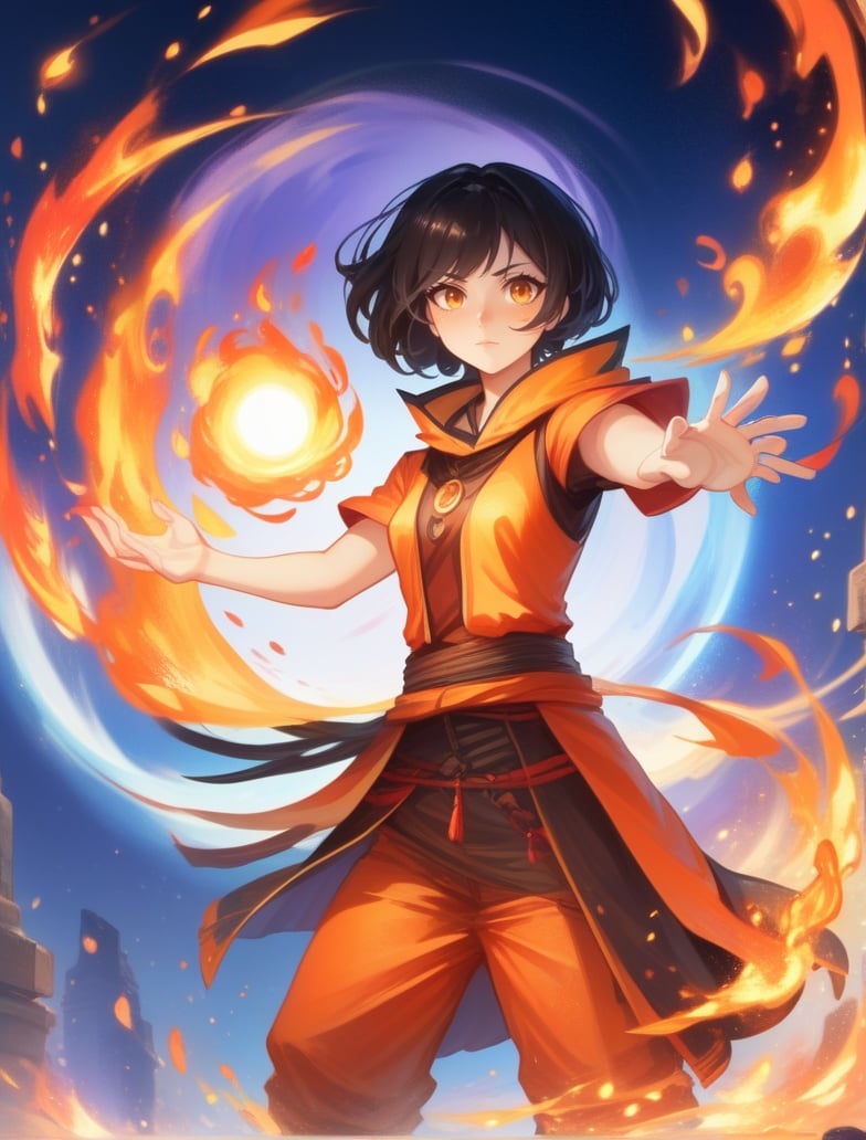 1girl, arms at sides, black hair, casting spell, fire, moon, short hair, solo, standing <lora:sdxl_casting_spell-000003:0.65>