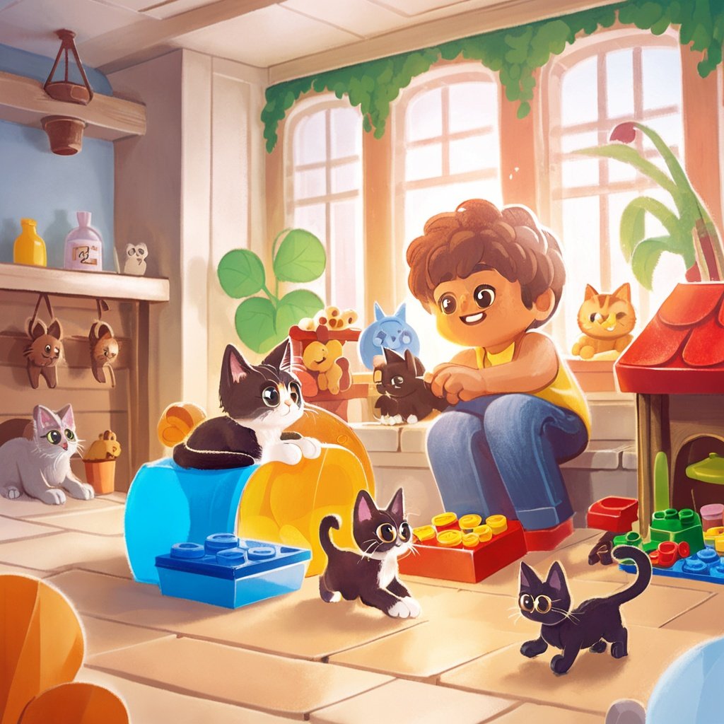 a boy playing lego with a cat at home,they are surrounded by toys 