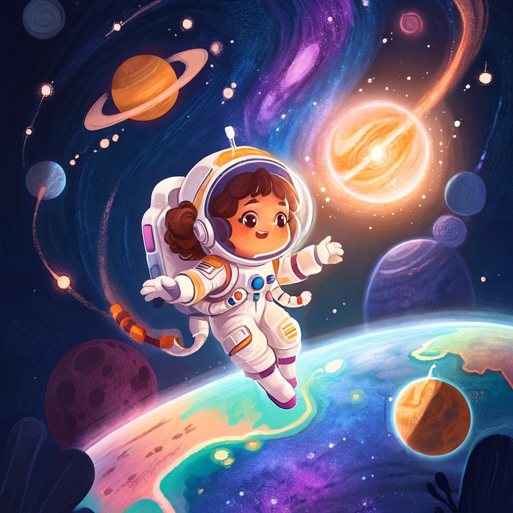a girl wearing astronaut suits flying in space,milky way,planets,starry sky, spacecraft