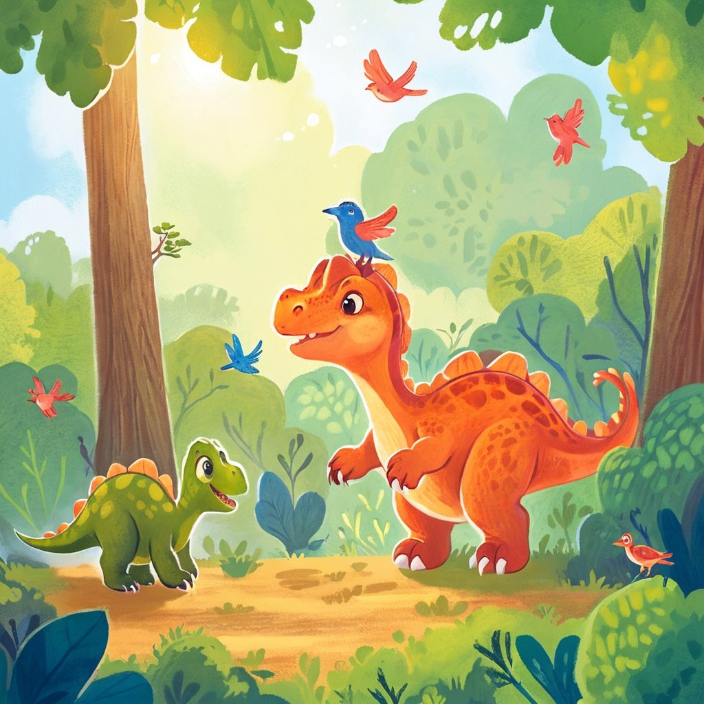 a dinosaur in forest,look up to sky,birds are flying over his head,sunny day