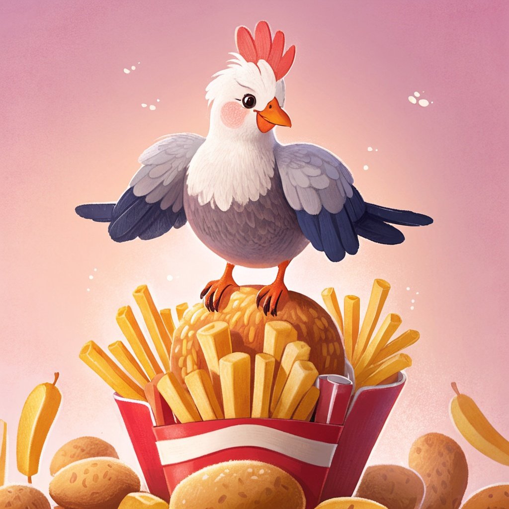 a dorable piegeon standing on a pack of french fries