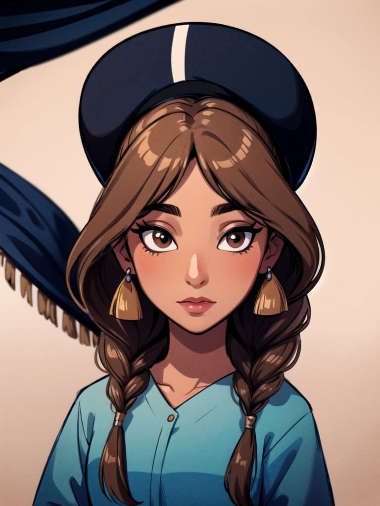 solo,  (light brown skin),  Solo,  Jasmine,  black braiding hair,  brown eyes,  ultra-detailed art illustration,  masterpiece,  blue clothes, <lora:EMS-1495-EMS:0.300000>, , <lora:EMS-498-EMS:0.300000>, , <lora:EMS-29940-EMS:0.700000>