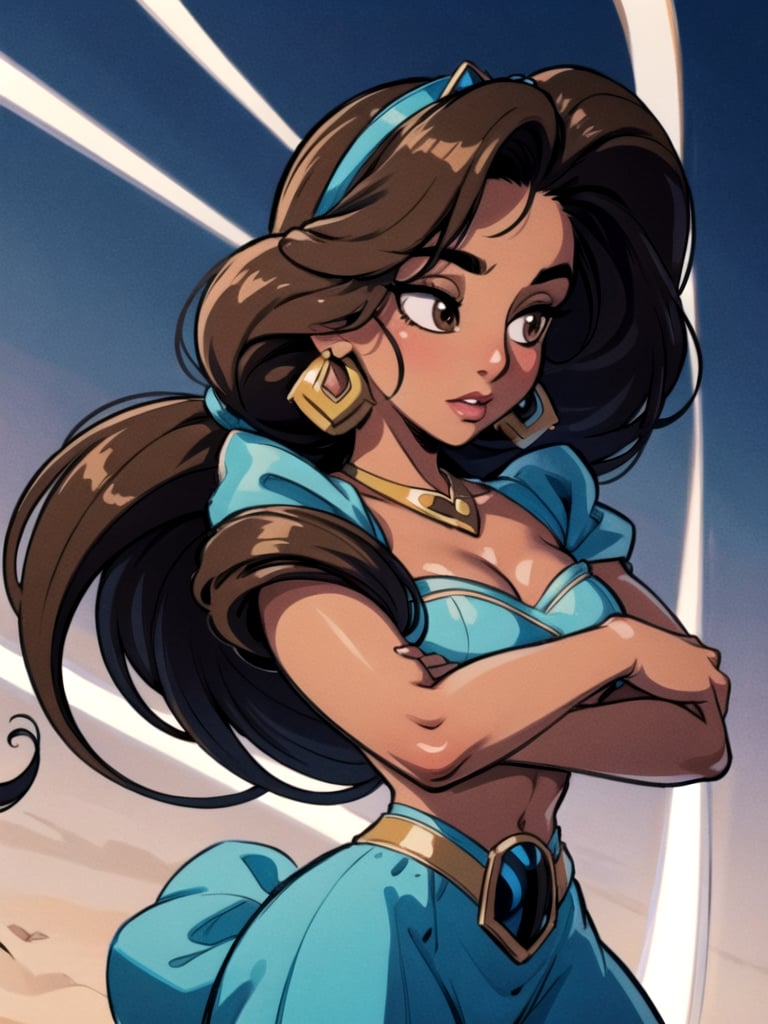 solo,  (light brown skin),  Solo,  Jasmine,  black braiding hair,  brown eyes,  ultra-detailed art illustration,  dynamic pose,  masterpiece,  blue clothes, <lora:EMS-1495-EMS:0.300000>, , <lora:EMS-498-EMS:0.300000>, , <lora:EMS-29940-EMS:0.800000>