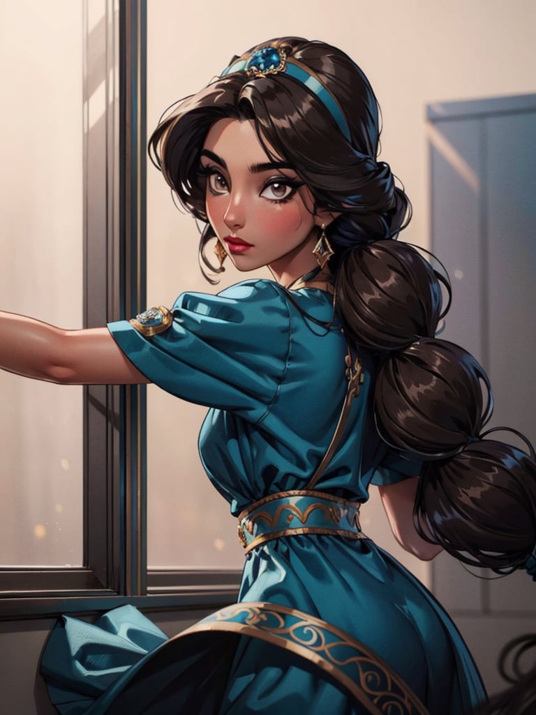 (light brown skin),  Solo,  Jasmine,  long black braiding hair,  brown eyes,  ultra-detailed art illustration,  dynamic pose,  masterpiece,  blue clothes, <lora:EMS-1495-EMS:0.300000>, , <lora:EMS-498-EMS:0.300000>, , <lora:EMS-29940-EMS:0.800000>