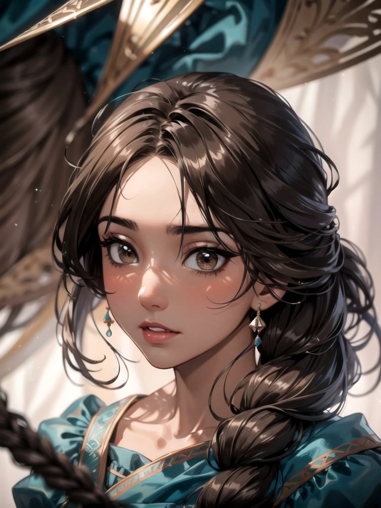 (light brown skin),  Solo,  Jasmine,  black braiding hair,  brown eyes,  ultra-detailed art illustration,  dynamic pose,  masterpiece,  blue clothes, <lora:EMS-1495-EMS:0.300000>, , <lora:EMS-498-EMS:0.300000>, , <lora:EMS-29940-EMS:0.700000>