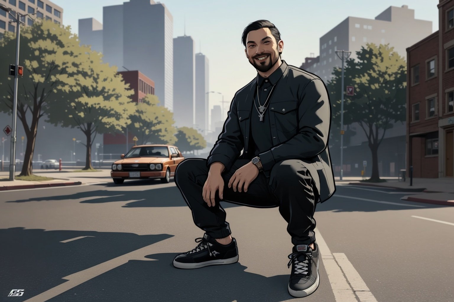 GtaSA2004, cartoon of 1boy,ground vehicle,motor vehicle,male focus,motorcycle,black hair,pants,solo,outdoors,facial hair,black shirt,shirt,black pants,building,shoes,city,jacket,blurry,tree,sneakers,short hair,smile,day,beard,blurry background,necklace,