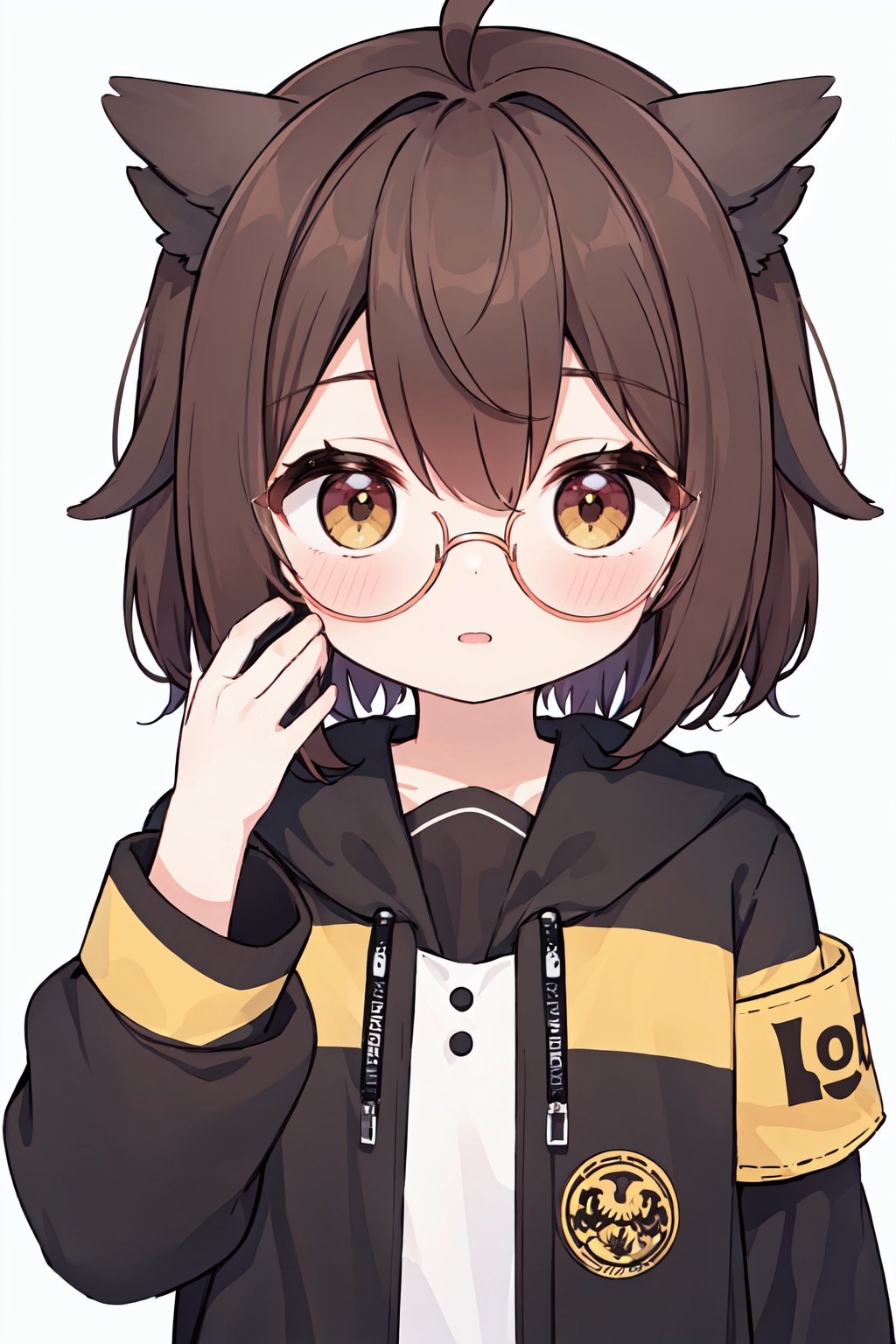 (best quality:1.2), (hyper detailed),

masterpiece, best quality, highres, solo, brown_hair, short_hair, glasses, feather_hair, bangs, hair_between_eyes, owl_ears, brown_eyes, yellow_eyes, 1girl, long_sleeves, looking_at_viewer, simple_background, upper_body, armband, buttons, hand_up, semi-rimless_eyewear, under-rim_eyewear, adjusting_eyewear, ahoge, feathers, id_card, white_background