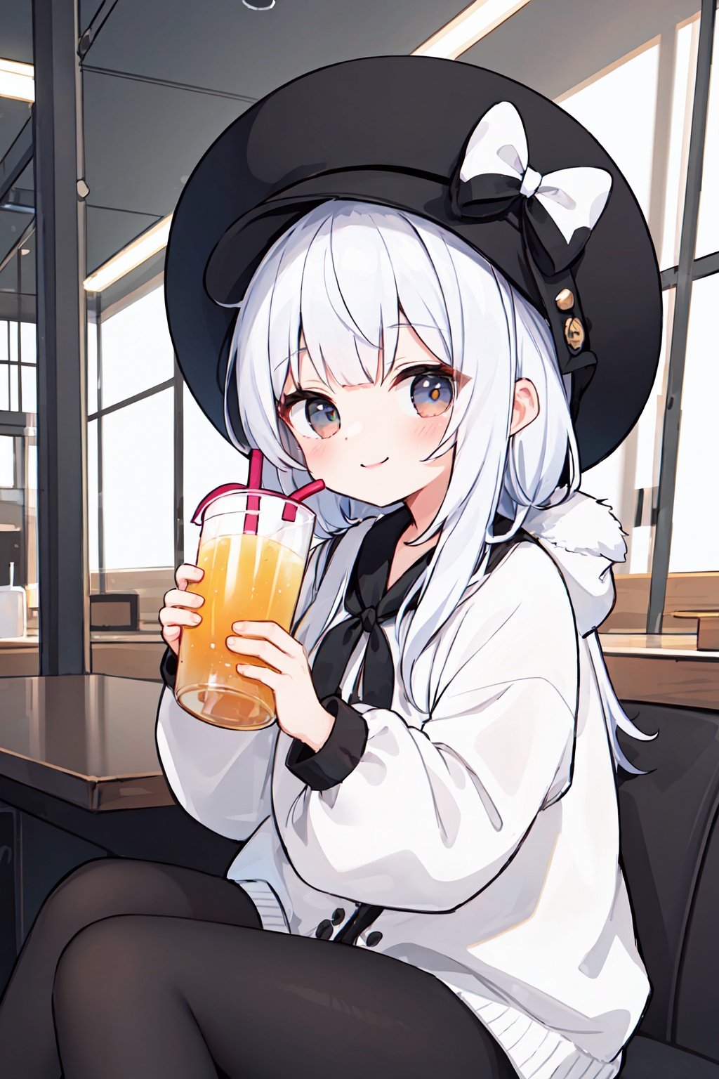 (best quality:1.2), (hyper detailed),

masterpiece,bestquality,1girl,smile, sit,drink juice,hold cup,black hat