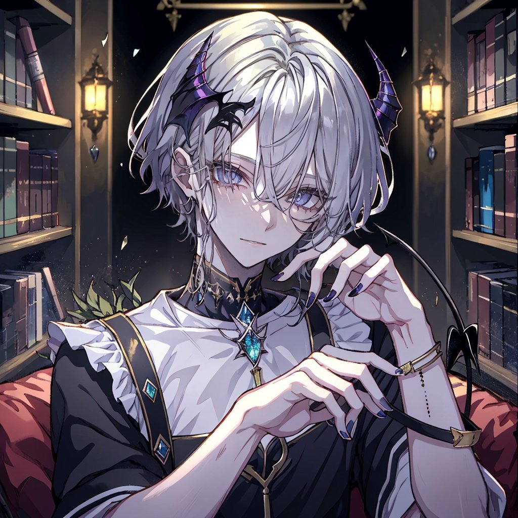 otome game, highres, ultra detailed, (((1male:1.3))),eyes:gold_eyes,hair:Silver, asymmetrical bangs, hair pulled back,emotion:evil smile,tops:white t shirt, open_clothes,makeup:eyelashes, eyeliner, mole under eye, black nail polish,pose:adjusting hair,items:demon horn,where:library,