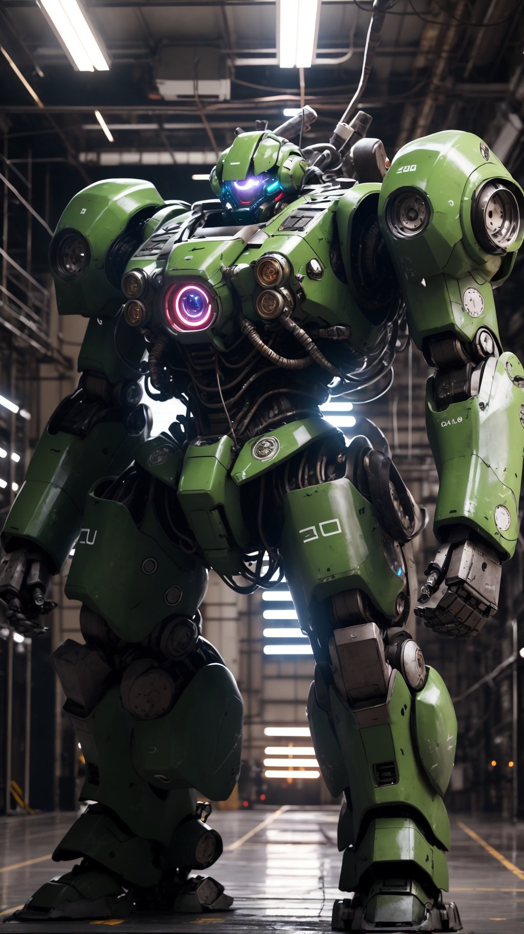 BJ_Zagu_Mecha,solo,green_eyes,standing,no_humans,glowing,robot,mecha,clenched_hands,science_fiction,one-eyed,cinematic lighting,strong contrast,high level of detail,Best quality,masterpiece,<lora:Zagu_Mecha:0.7>,