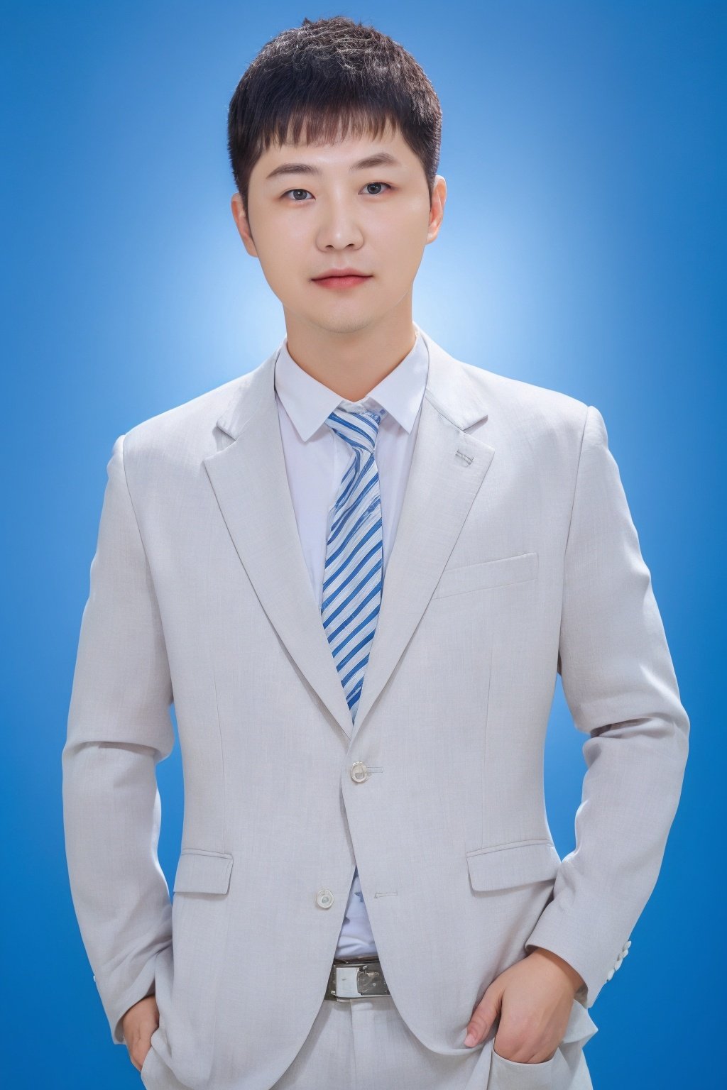 1male,masterpiece,best quality,bang,ultra high res,（25 y.o.),(photorealistic:1.4),business suit,shirt,(blue background:1.3),identification photo,(straight-on:1.2),blue_IDphoto