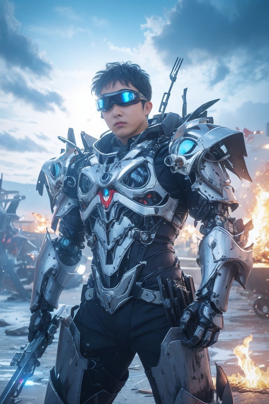 (HDR image), (black goggles: 1.5) (high-definition image), (intricate detail), (cinematic effect), (realistic style), (mecha), (sci-fi elements), (military equipment), (iron armor), (mechanical), (boy), (mecha costume), (weapon), (simple background), (flame effect), (action scene), (combat state), (mechanical arm), (highlight effect), (strong contrast), (sharp focus), (solid background), (creativity), (accurate detail),, (exquisite craftsmanship)