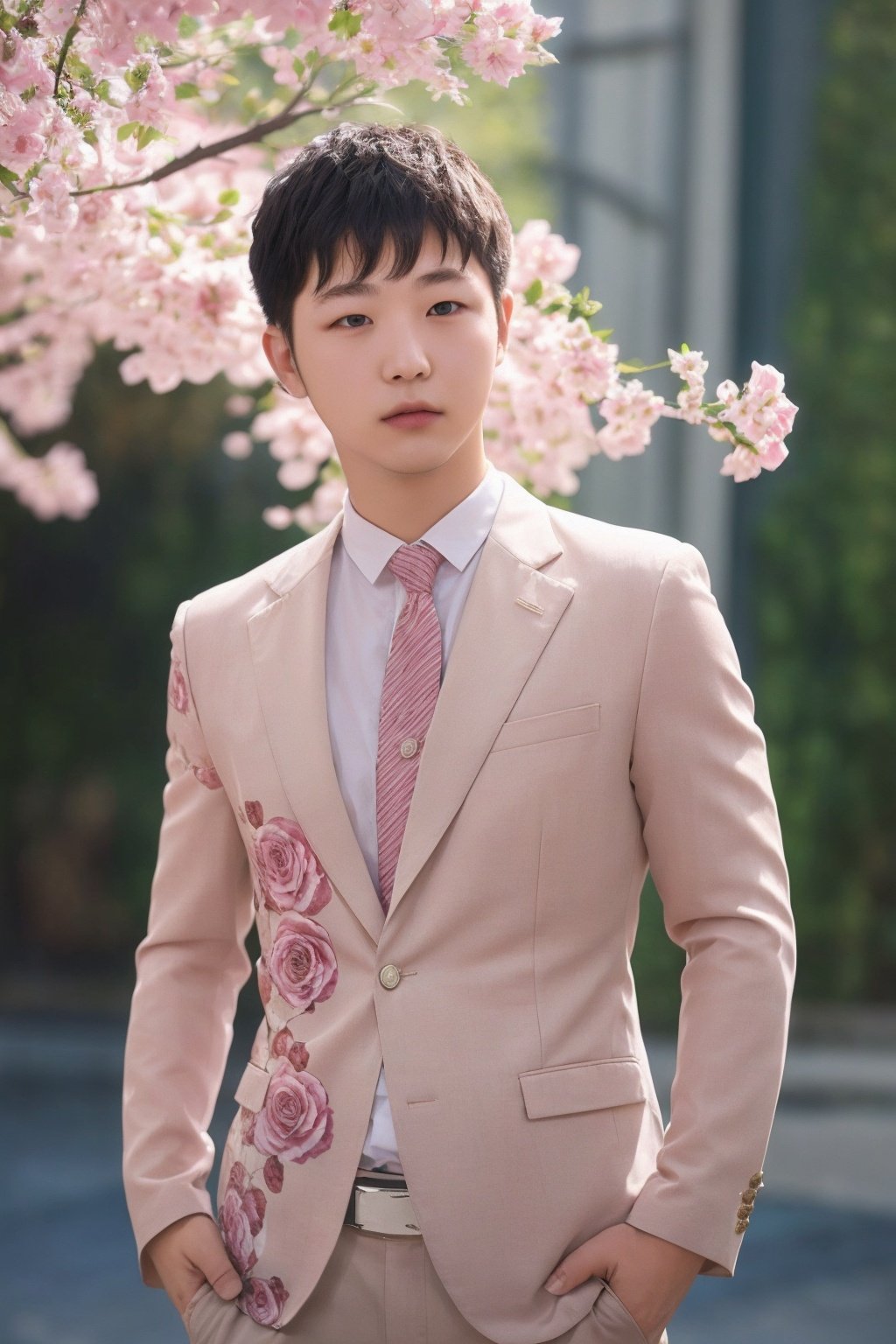 1 boy, masterpiece, best quality, super high resolution, (25 years old), (realism: 1.4), suit, shirt, (rose wrap: 1.3), upper body photo, 32k