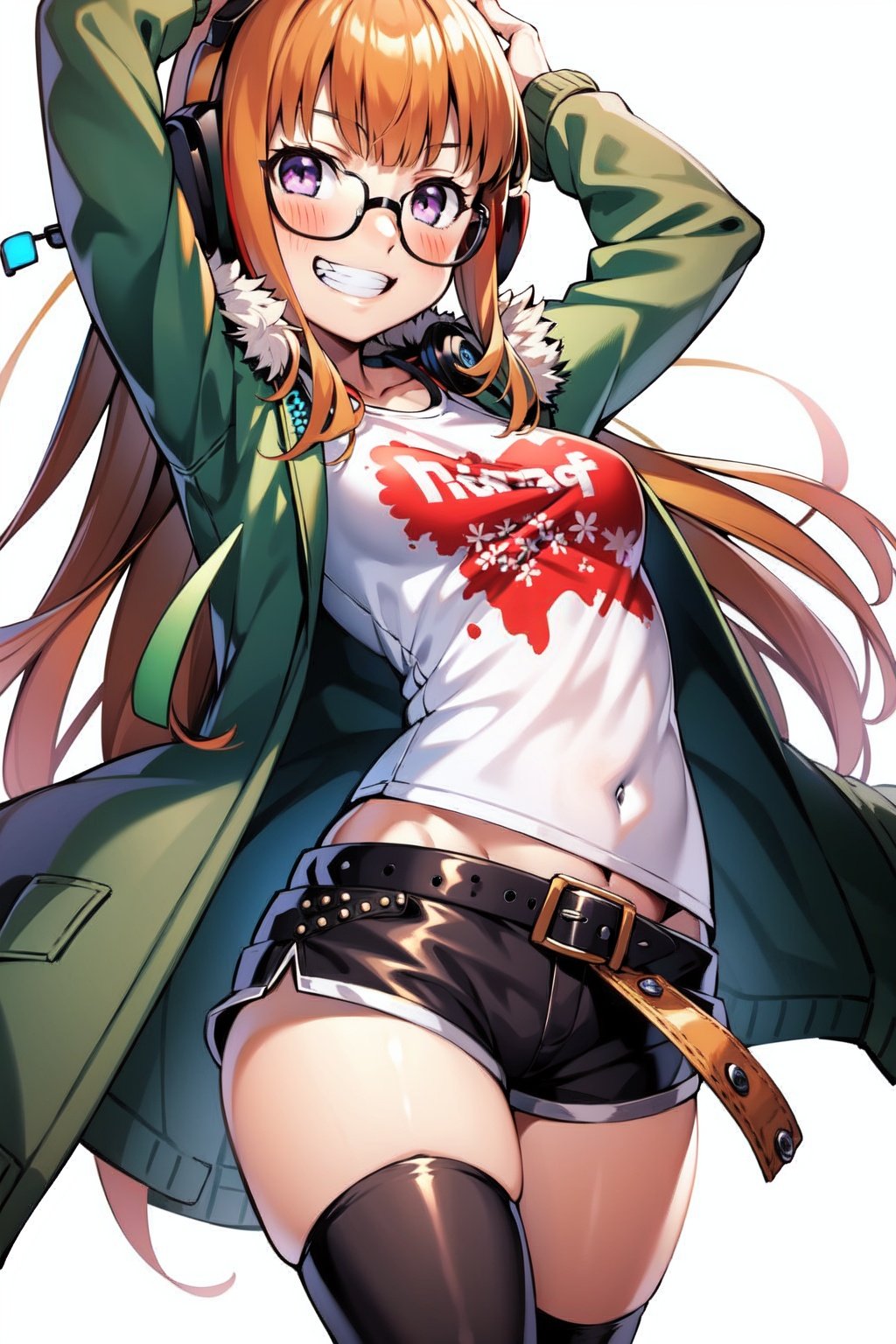 1girl, solo, long hair, looking at viewer, smile, simple background, t-shirt, thighhighs, white background, purple eyes, jacket, white shirt, boots, glasses, shorts, belt, black thighhighs, orange hair, grin, arms up, fur trim, short shorts, headphones, black shorts, goggles, green jacket, fur-trimmed jacket, behind-the-head headphones, <lora:EMS-30039-EMS:0.7>, <lora:EMS-179-EMS:0.2>