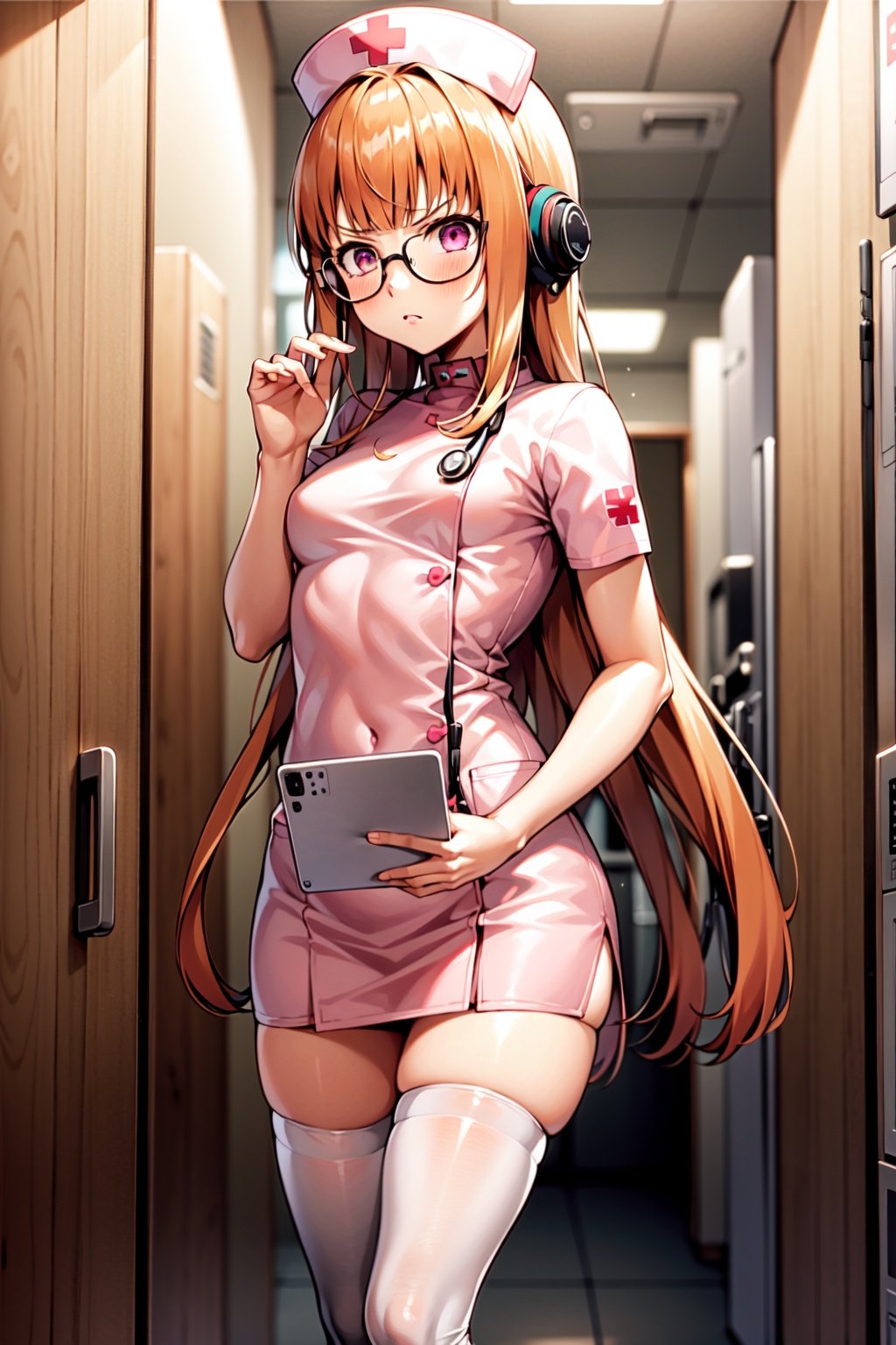 high_resolution, 1girl, solo, orange long hair, small breasts, glasses, behind-the-head headphones, pink nurse clothing, white stockings, holding_object, serious face, hospital room background., <lora:EMS-179-EMS:0.2>, <lora:EMS-30039-EMS:0.7>