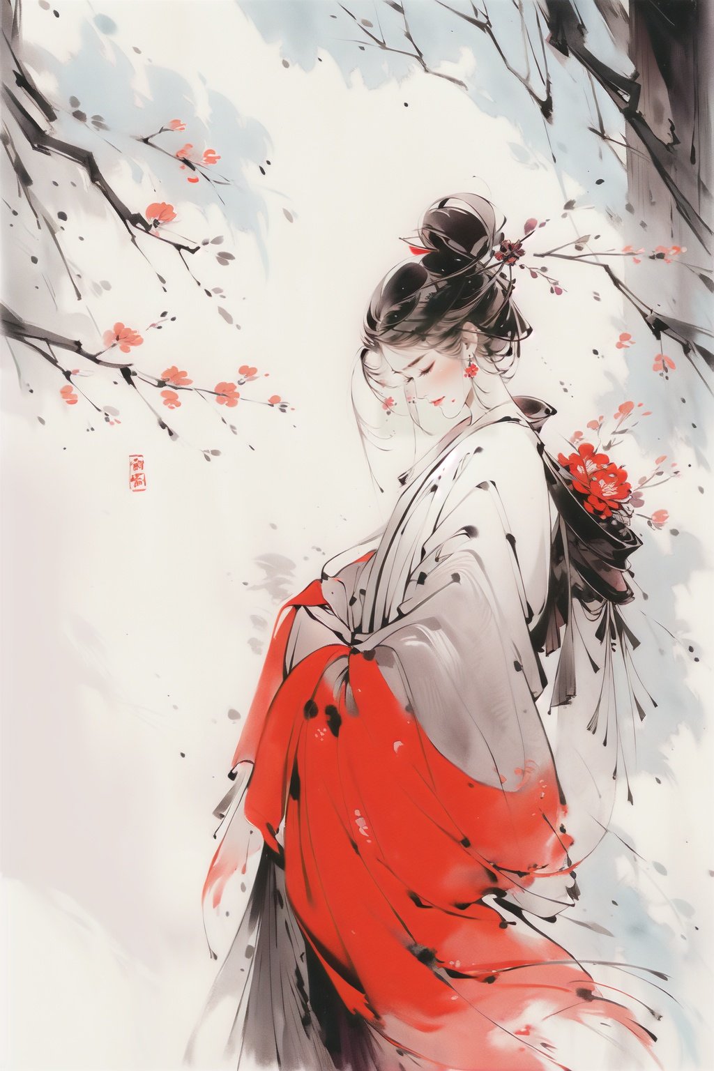 1 girl, goose feather snow, plum blossom, Arcadia