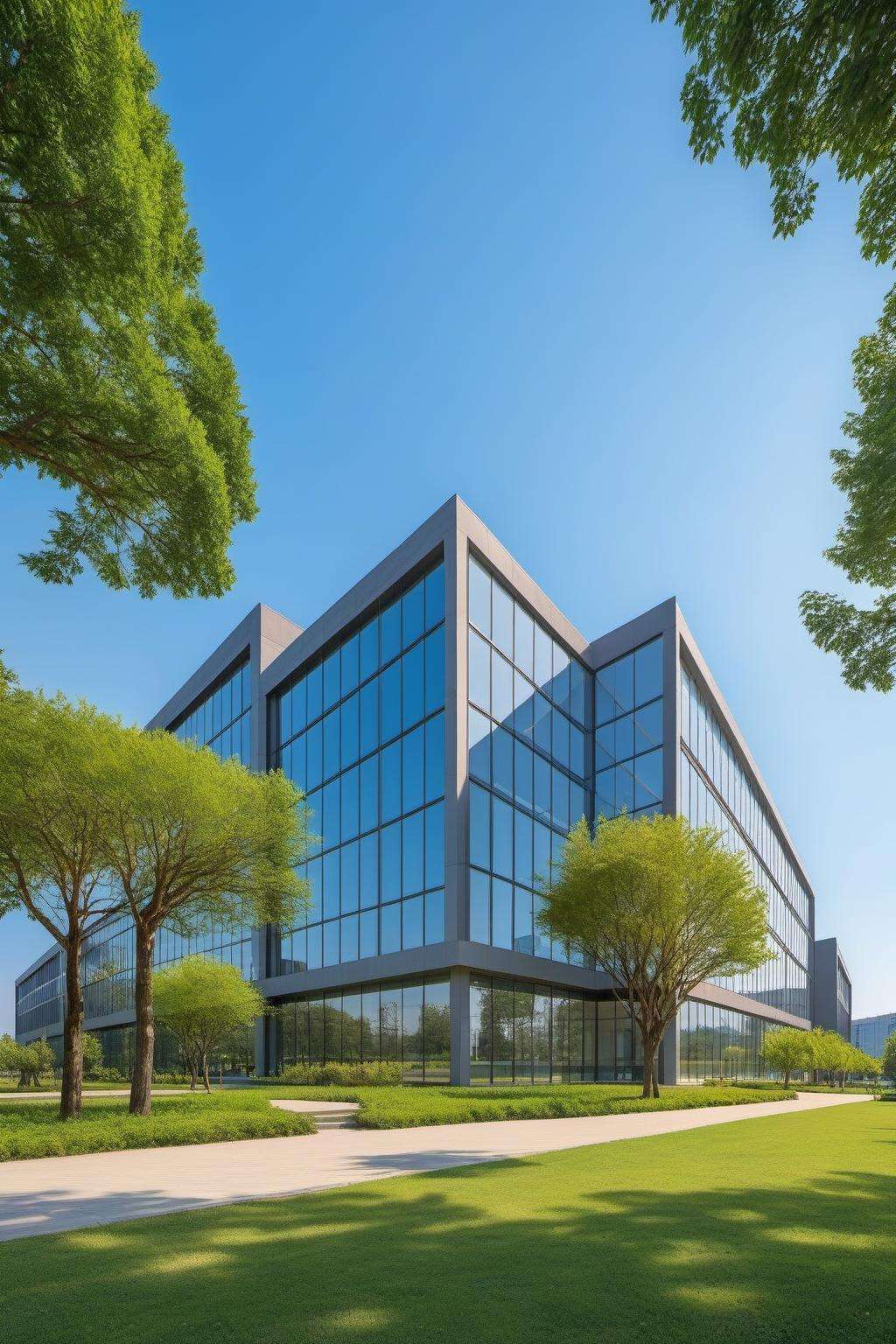 (masterpiece), best quality,8K,no humans, outdoors,chanyeyuan,industrial park,building, scenery,blue sky, city,(grass:0.7), day,(tree:0.6),window,  <lora:ZSIndustrialParkV1.0-000040:0.5>