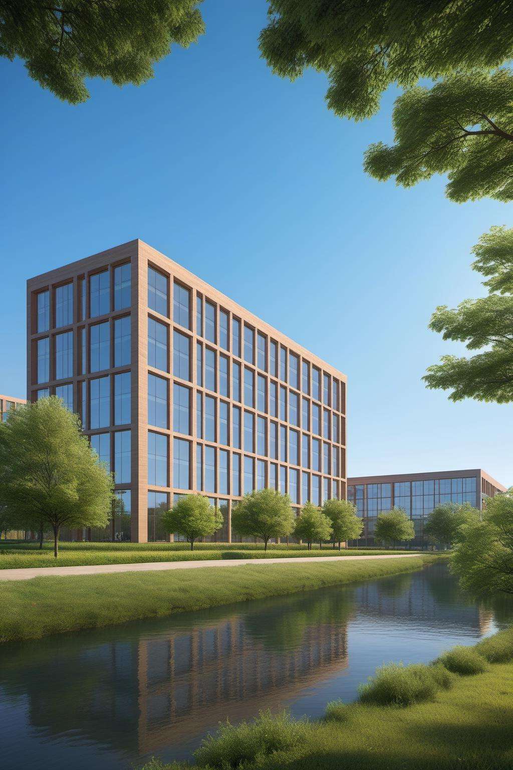 (masterpiece), best quality,8K,no humans, outdoors,chanyeyuan,industrial park,building, scenery,blue sky, city,(grass:0.7), day,(tree:0.6),water,window,  <lora:ZSIndustrialParkV1.0-000046:0.5>