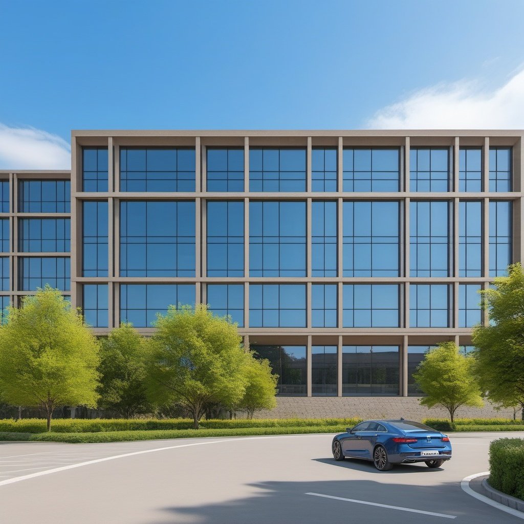 (masterpiece), best quality,8K,no humans, outdoors,chanyeyuan,industrial park,building, scenery,blue sky, city,(grass:0.7), day,(tree:0.6),road,car,window,  <lora:ZSIndustrialParkV1.0-000046:0.5>