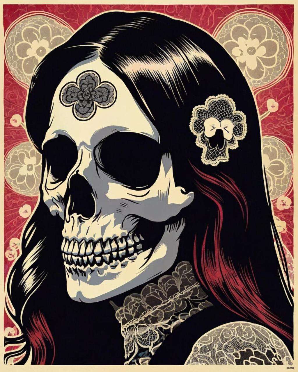 a woman with long hair and a lace dress skull visible , skull_graphics , Shepard Fairey, Bobby Chiu, Brecht Vandenbroucke<lora:skull_graphics:1.0>