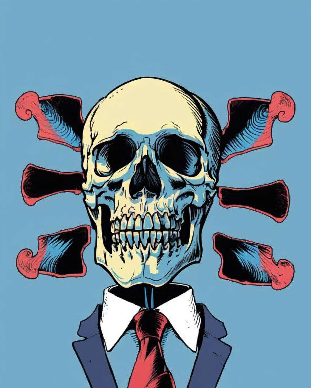 a man in a blue shirt and tie posing for a picture skull visible , skull_graphics , Mari Inukai, Pat Perry, Michael DeForge<lora:skull_graphics:1.0>