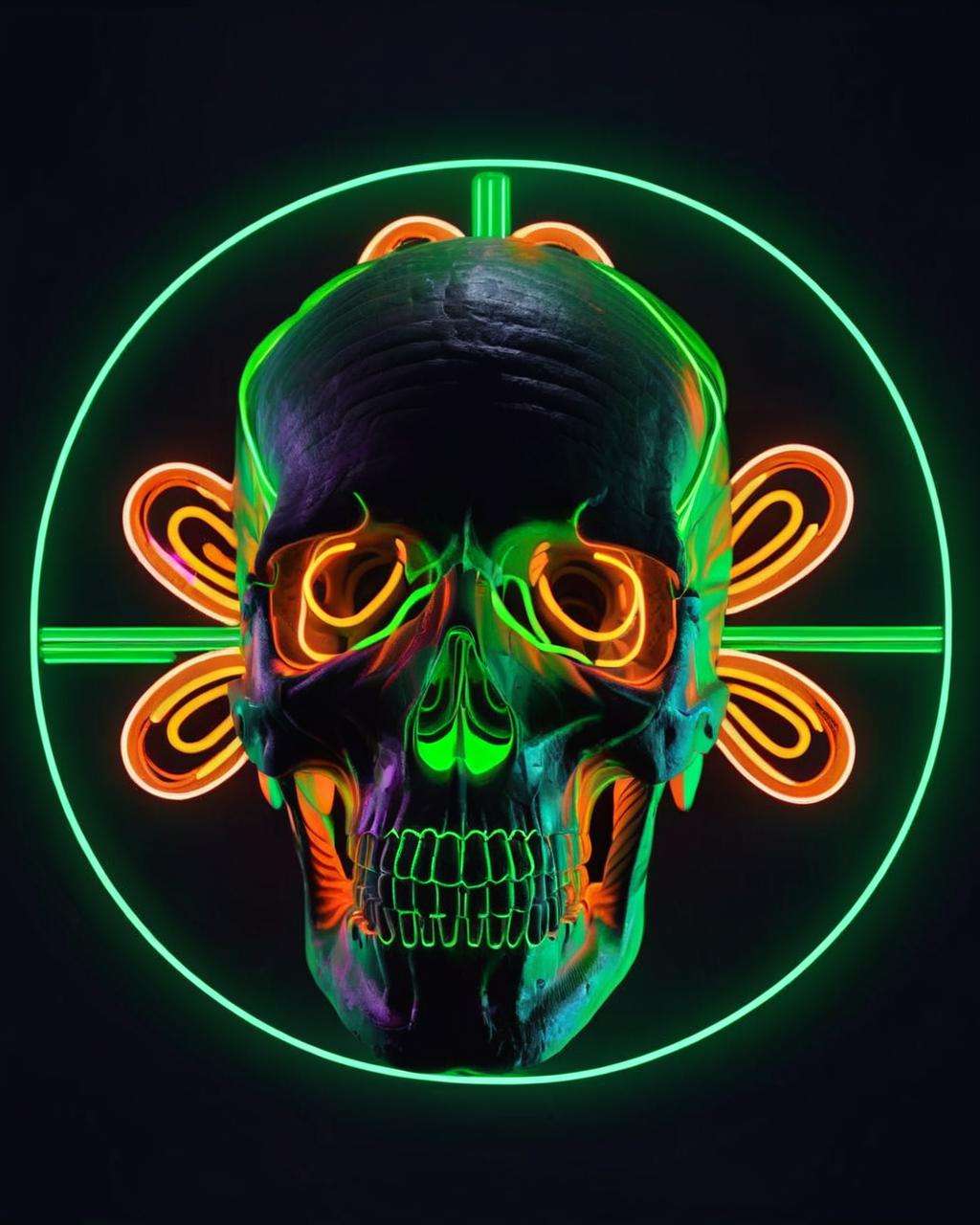 a caput-mortuum and shamrock-green image of a human head skull in a circle of neon lights on a dark background with a carrot-orange neon circle, Android Jones, cinema 4 d, a 3D render, generative art , render<lora:skull_graphics:1.0>