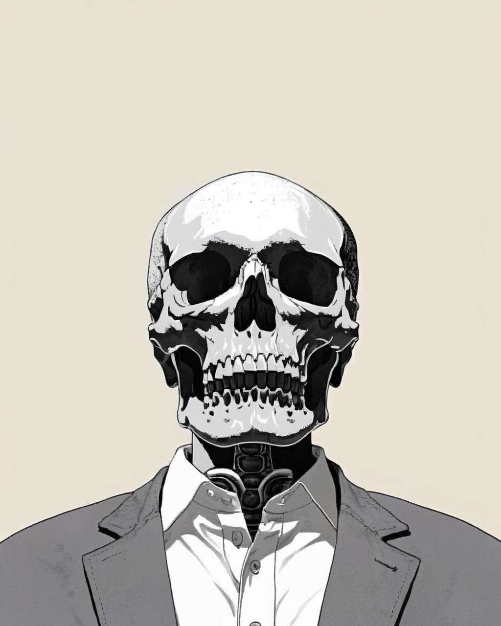 a man in a white shirt and a gray jacket skull visible , skull_graphics , Peter de Sève, Cécile Dormeau, Riad Sattouf<lora:skull_graphics:1.0>