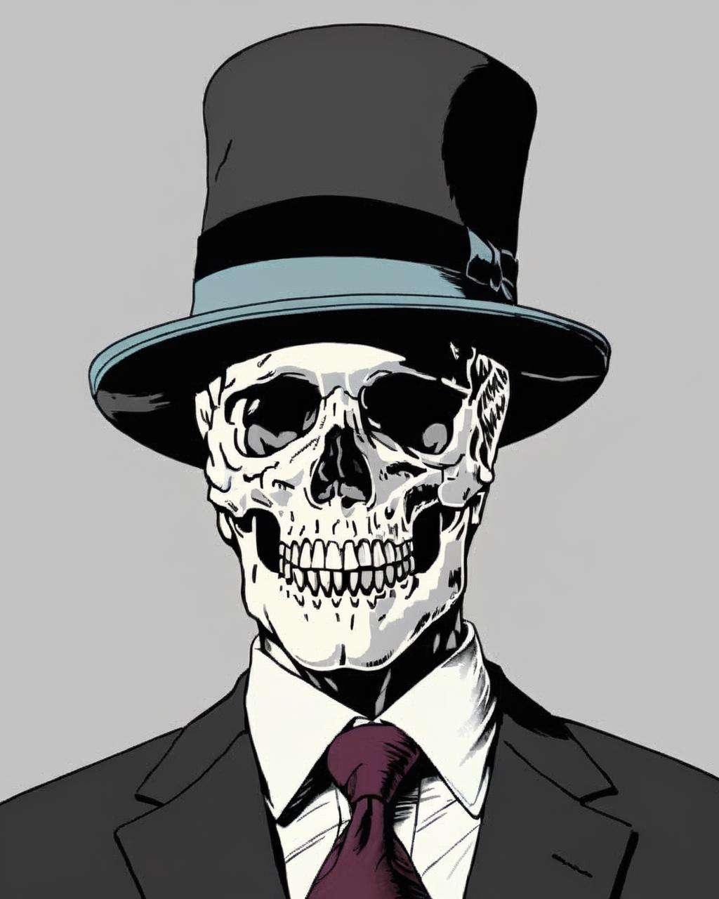 a man in a suit and tie wearing a hat skull visible , skull_graphics , Loris Lora, Sanya Glisic, Fafi<lora:skull_graphics:1.0>