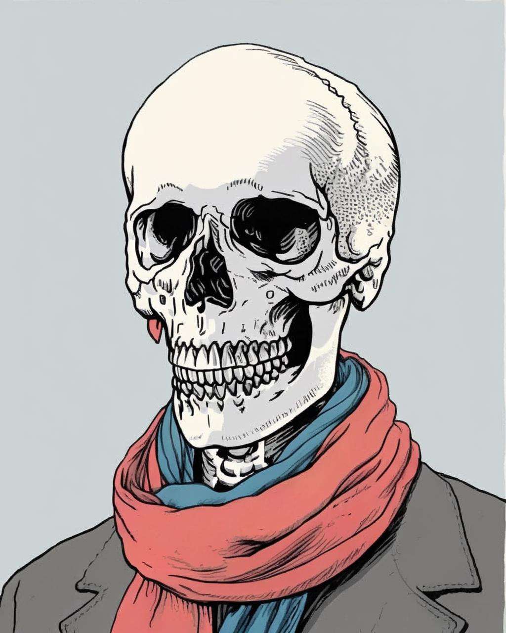 a man with a scarf around his neck skull visible , skull_graphics , Mari Andrew, Rutu Modan, Tillie Walden<lora:skull_graphics:1.0>