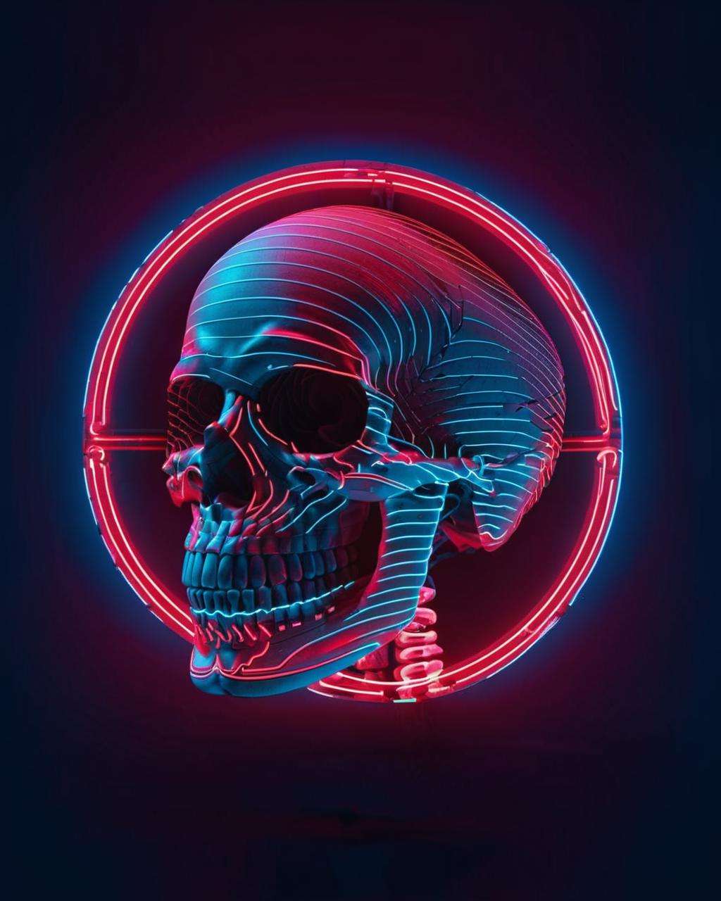 a red and blue image of a human head skull in a circle of neon lights on a dark background with a red neon circle, Android Jones, cinema 4 d, a 3D render, generative art<lora:skull_graphics:1.0>