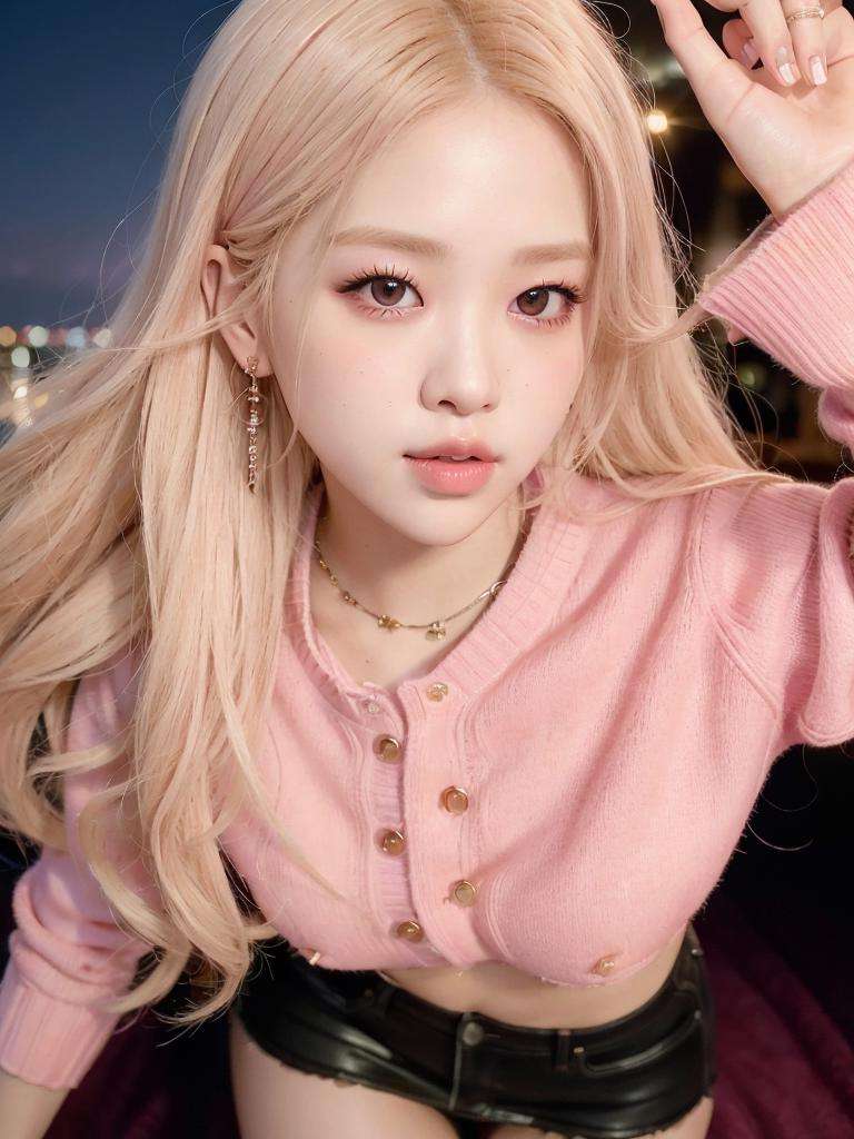 close-up portrait of Rose Blackpink, blonde hair, (pink sweater:1.3), k-pop Idol, contrapposto, best quality, ultra high res, (photorealistic:1.3), 1girl, small breasts, (in a nighclub:1.3),  beauty512, <lora:Rose Blackpink:0.6> 