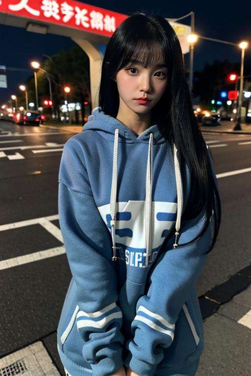 ujifilm XT3, 8k,close up photo, masterpiece, best quality, (((1girl))), solo,realistic, ((looking at viewer)), photorealistic, (extremely detailed face), looking at viewer, ((ultra-detailed eyes and pupils)), ultra detailed, serious expression, ((standing city street at night)), hoodie, long sleeves, <lora:nanalorashy:1>