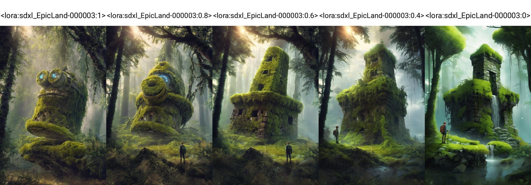 (masterpiece,best quality:1.5)EpicLand, ruins, moss, solo, 1boy, outdoors, tree, no_humans, glowing, facial_hair, nature, glowing_eyes, forest, rain, mustache<lora:sdxl_EpicLand-000003:1>