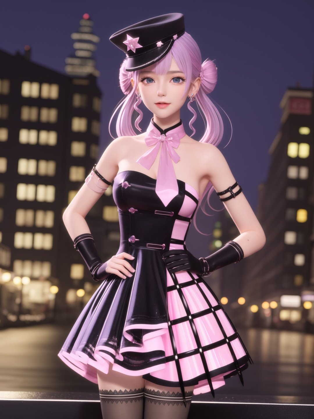 SYNNYWZY,1girl, solo,hat, thighhighs, blue eyes, twintails, jewelry,earrings, looking at viewer, very long hair, black fingerless gloves,pink hair, mature female, cityscape, night, cowboy shot, dress,  <lora:SYNNYWZYi-000006:0.75>,hands on hips,