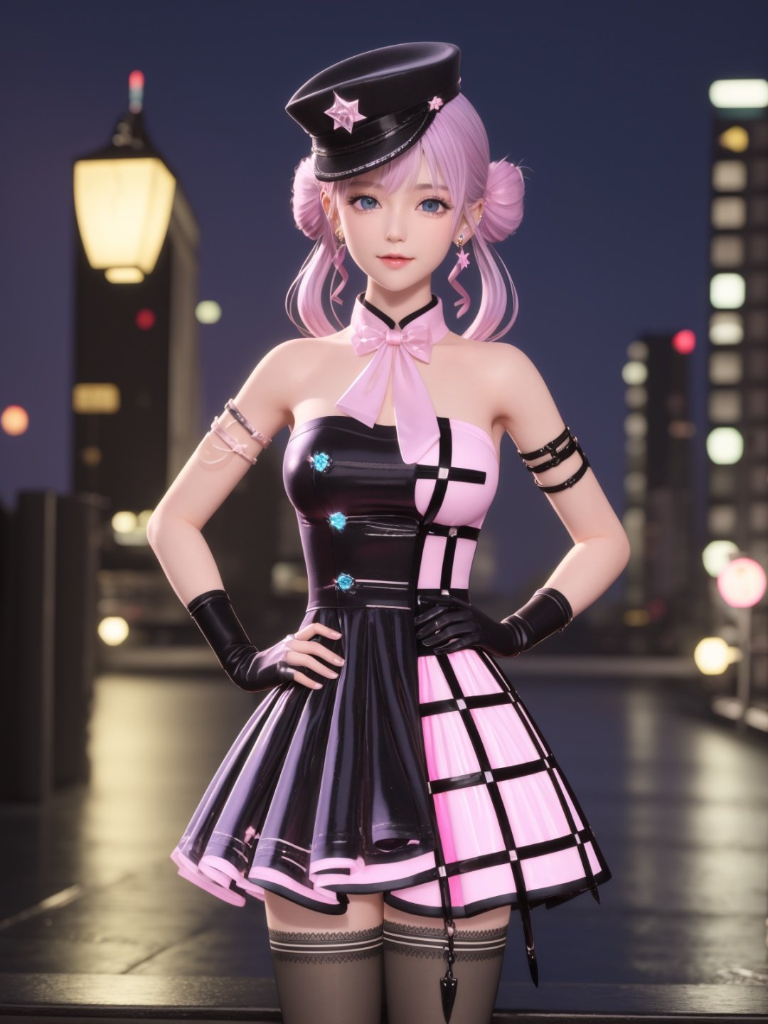 SYNNYWZY,1girl, solo,hat, thighhighs, blue eyes, twintails, jewelry,earrings, looking at viewer, very long hair, black fingerless gloves,pink hair, mature female, cityscape, night, cowboy shot, dress,  <lora:SYNNYWZYi-000006:0.75>,hands on hips,