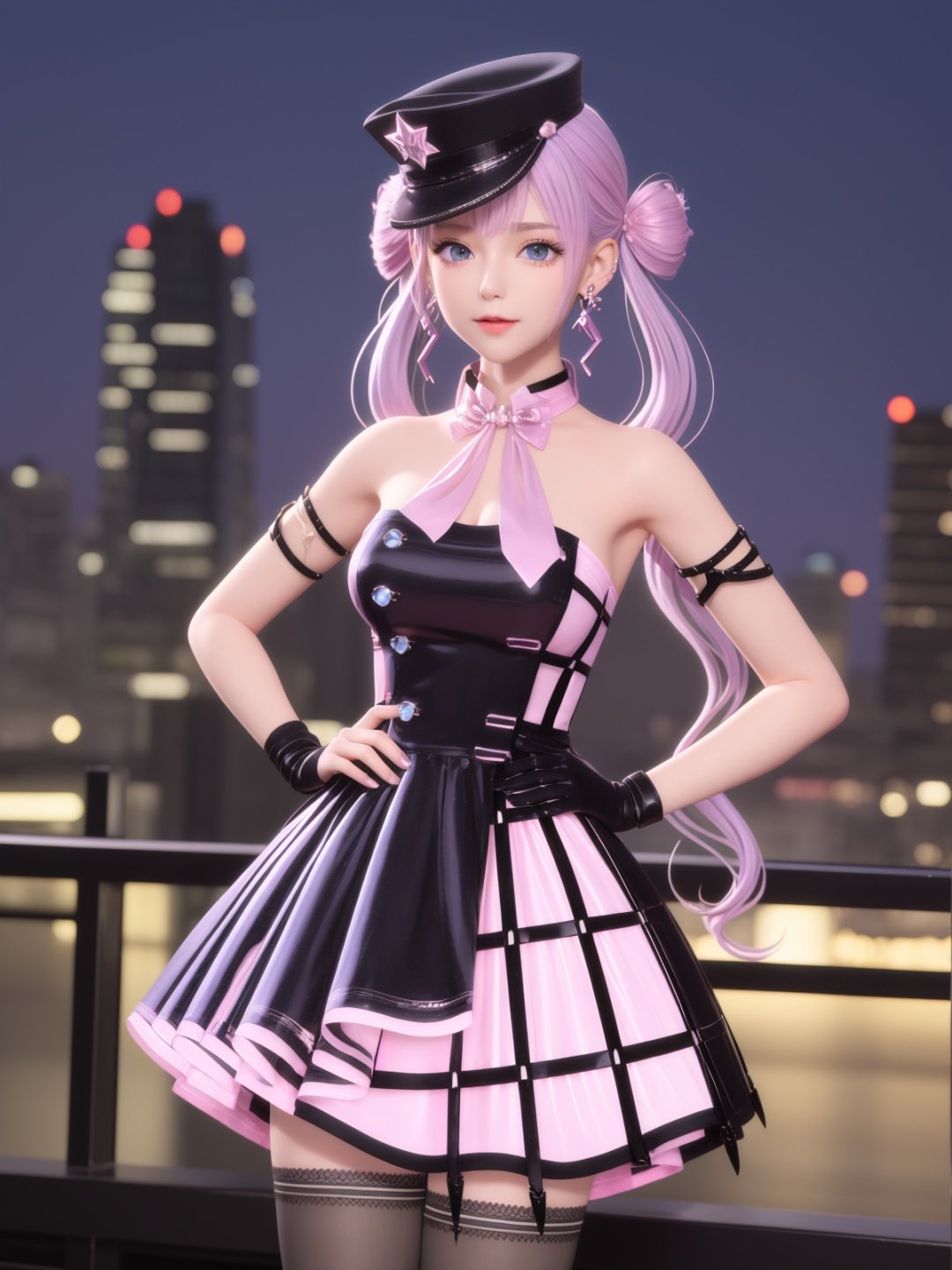 SYNNYWZY,1girl, solo,hat, thighhighs, blue eyes, twintails, jewelry,earrings, looking at viewer, very long hair, black fingerless gloves,pink hair, mature female, cityscape, night, cowboy shot, dress,  <lora:SYNNYWZYi-000006:0.75>,hands on hips,