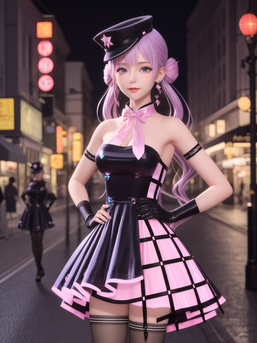 SYNNYWZY,1girl, solo,hat, thighhighs, blue eyes, twintails, jewelry,earrings, looking at viewer, very long hair, black fingerless gloves,pink hair, mature female, cityscape, night, cowboy shot, dress,  <lora:SYNNYWZYi-000006:0.75>,hands on hips,