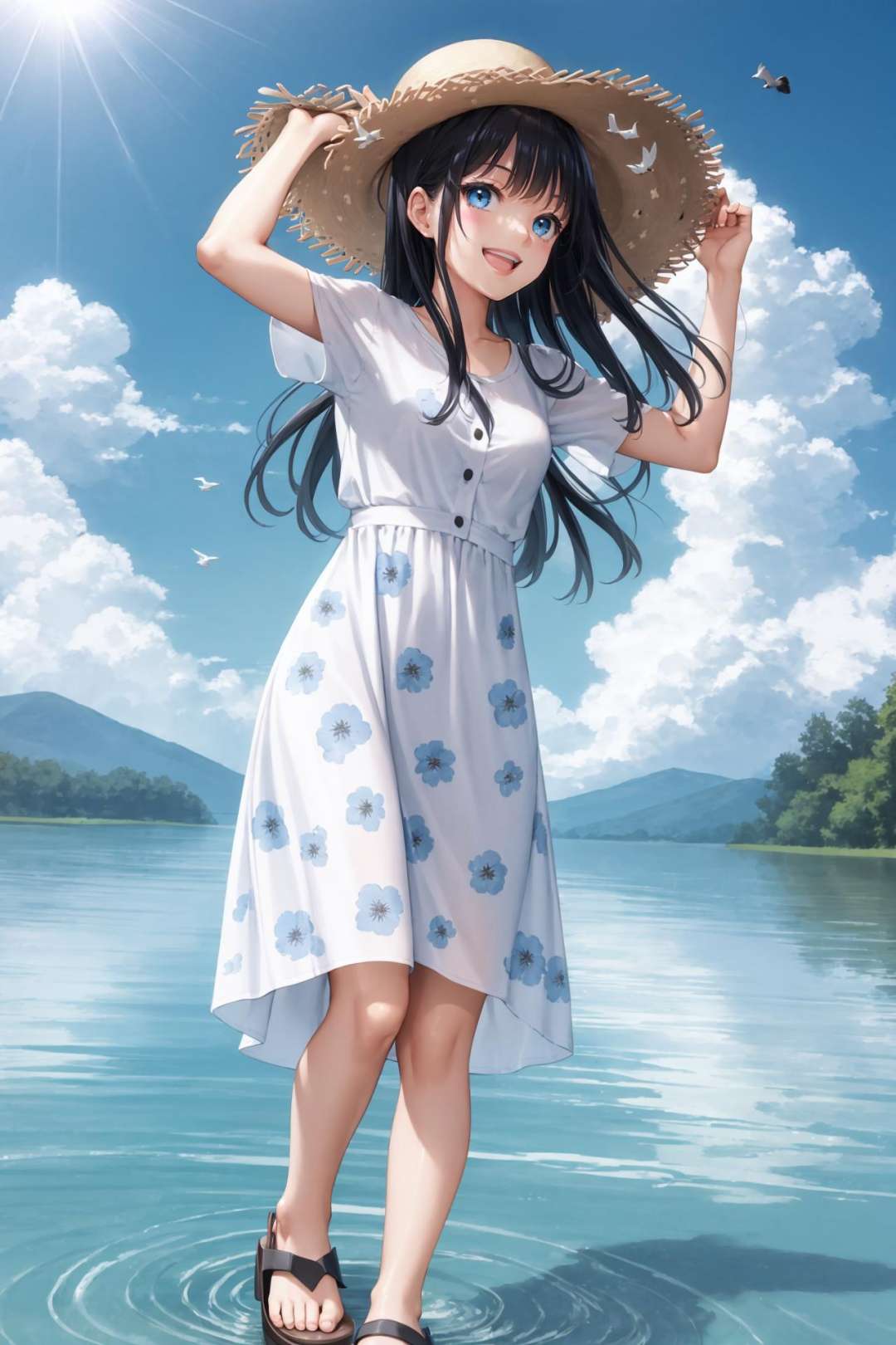 1girl, hat, solo, outdoors, black hair, dress, sky, smile, cloud, open mouth, water, day, straw hat, :d, blue eyes, floral print, short sleeves, looking at viewer, shirt, bird, standing, blue sky, white shirt, holding, arm up, blush, print dress, bangs, flower, sun hat, sandals, cloudy sky, wading, long hair, hand on headwear<lora:SilvermoonMix01_2:1>